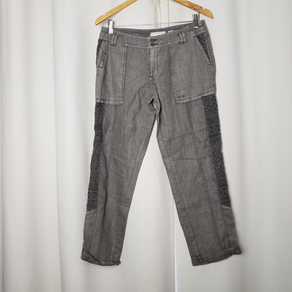 Hei Hei Anthropologie Grey Linen Crochet Lace Trim Utility Pants Size 27 Boho